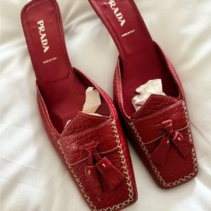 Prada, leather, tassel red mules, size 39 1/2